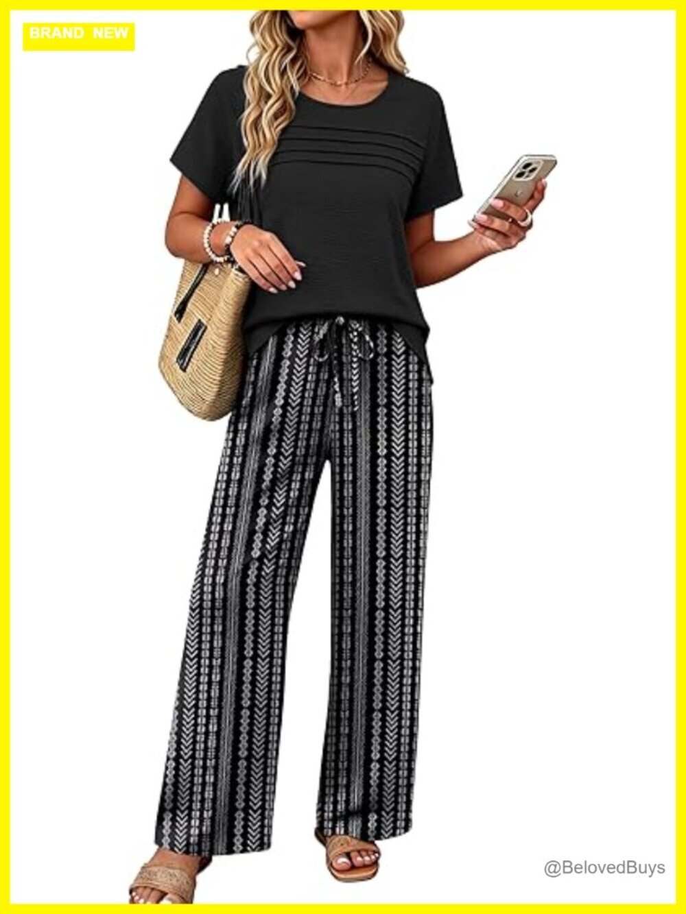 Linen Look 2 Piece Outfit Pleated Top Wide Leg Pants Lounge Set with Pockets